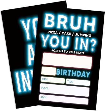 Bruh Birthday Invitations, Glow Neon Birthday Party Invitations, 20 Pcs 4" x 6" Glow Party Invite Cards with Envelopes, Teen Girls Boys Birthday Party Supplies Baby Shower Decorations-D27
