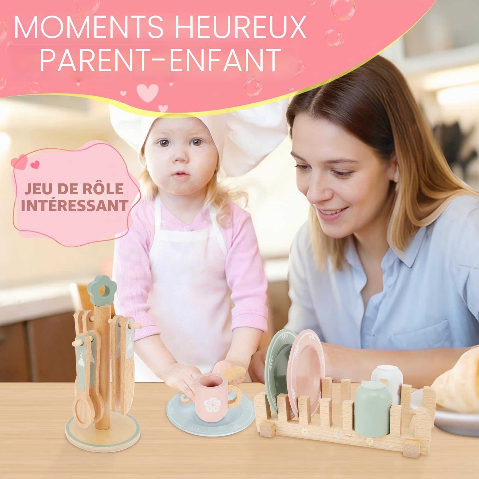 Set de cuisine pour enfants, jeux de cuisine bois, casseroles et plaques, 4 assiettes, 4 tasses, 4 couteaux, 4 fourchettes, 4 cuillères, support, convient aux garçons et filles, âge 3/4/5 ans