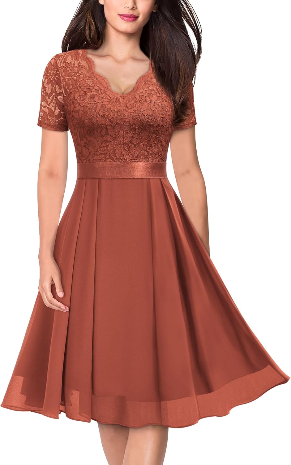 MISSMAY Women's Vintage V-Neck Floral Lace Contrast Chiffon Prom Party Dress