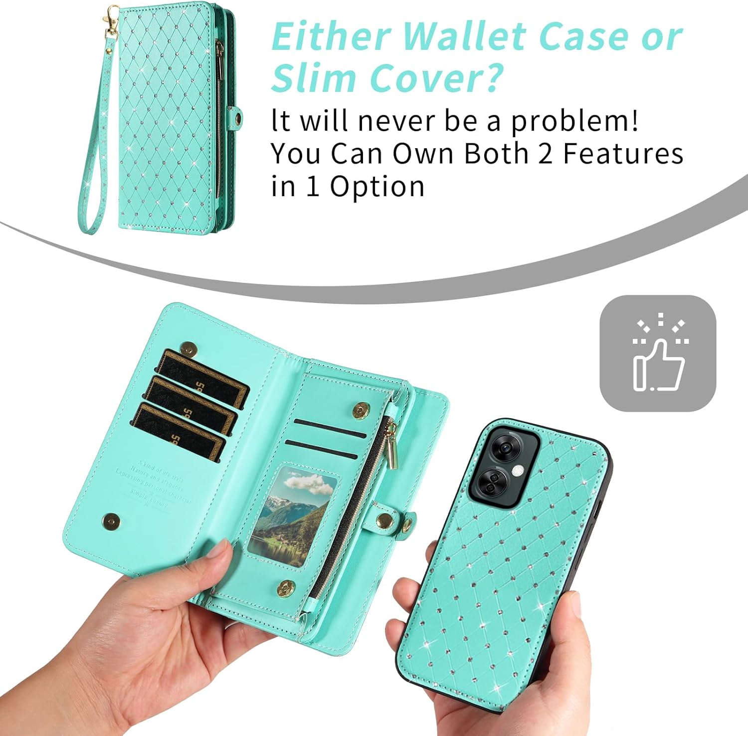 Asuwish Phone Case for OnePlus Nord N30 5G/CE 3 Lite Zipper Wallet Cell Cover with Tempered Glass Screen Protector Strap Glitter Flip Card Holder Slot OPPO K11x/One Plus 1 1+ N 30/CE3 Women Girls Teal