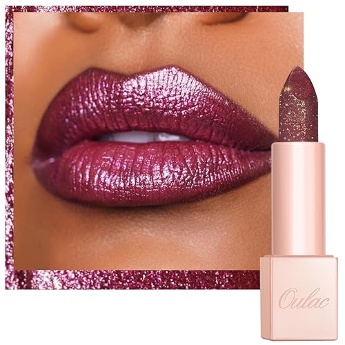 Miniatura 22 de Oulac Lápiz labial azul morado con purpurina, acabado infinito de alto brillo, color de labios hidratante infundido con aceite de rosa de damasco