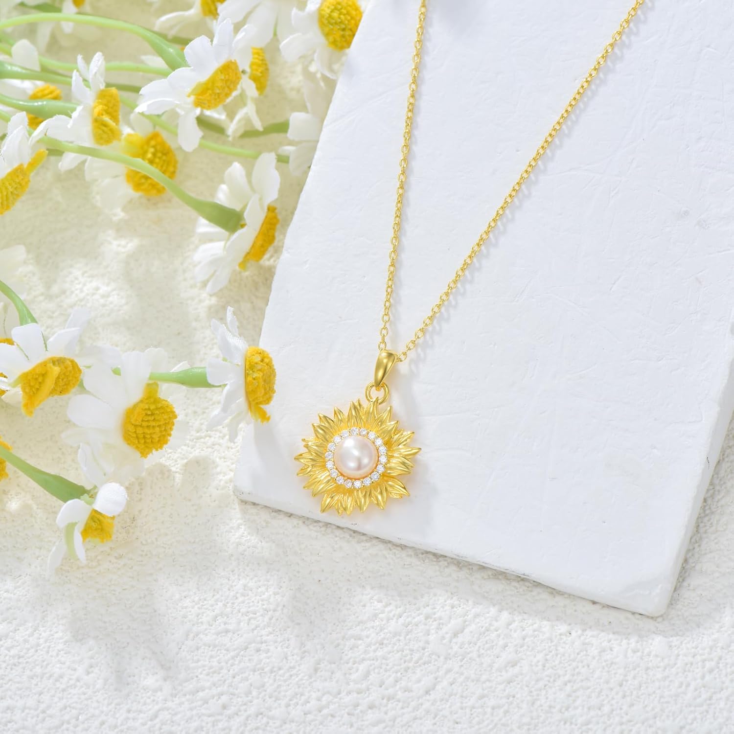 Sunflower Pearl Necklace for Women 925 Sterling Silver Freshwater Pearl 18K Gold Plated Sunflower Pendant You Are My Sunshine Necklace Ladies Jewelry Gifts for Valentines Day - Image 4