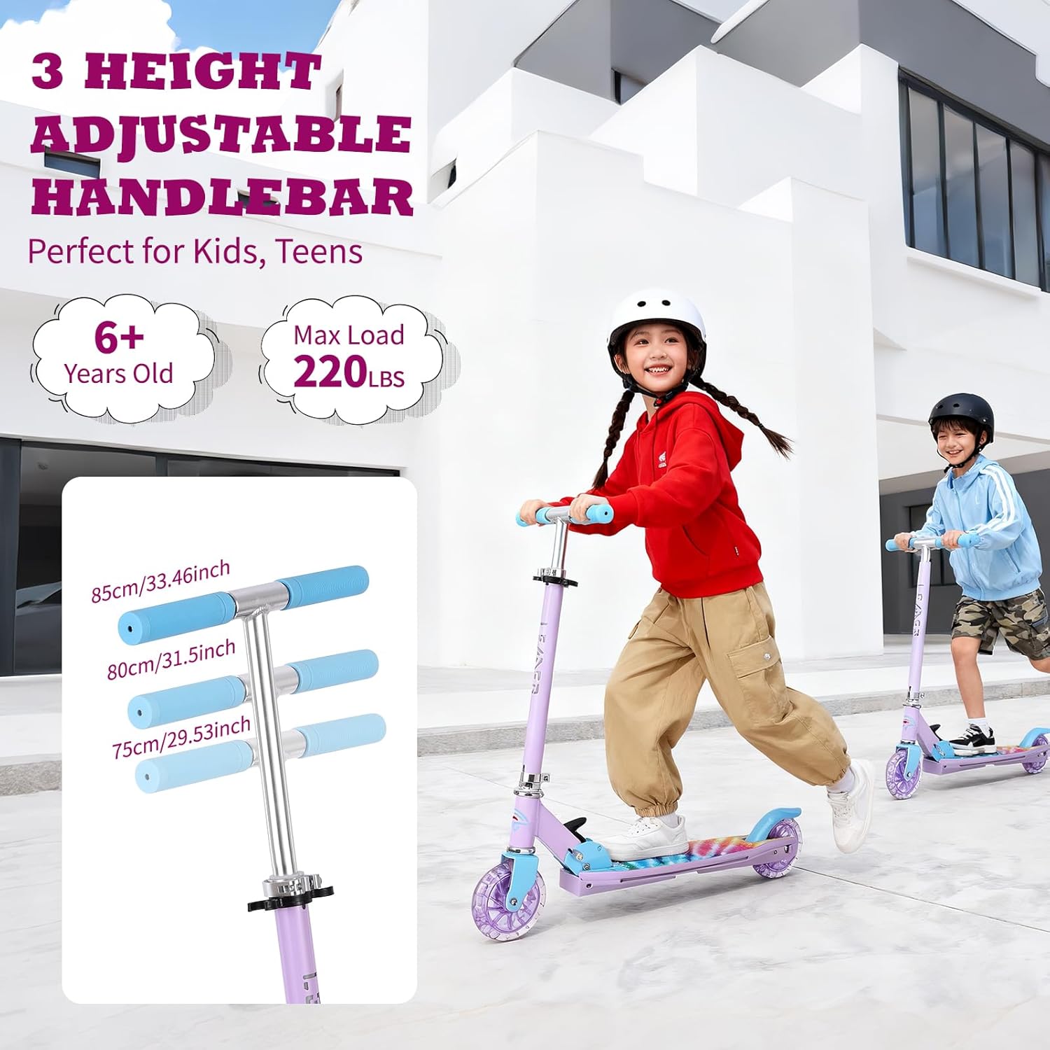 Scooters for Kids with Light-Up Wheels, Stem and Deck, Lightweight Foldable, 3 Adjustable Height Scooters for Kids 8-12