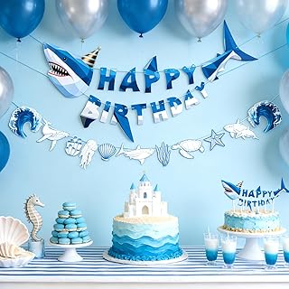 SUNBEAUTY 상어 생일 파티 장식 상어 생일 축하 배너 바다 테마 걸이식 상어 화환 바다 아래 미리 묶인 상어 생일 배너 남아 베이비 샤워 해변 여름 수영장 파티(블루)
