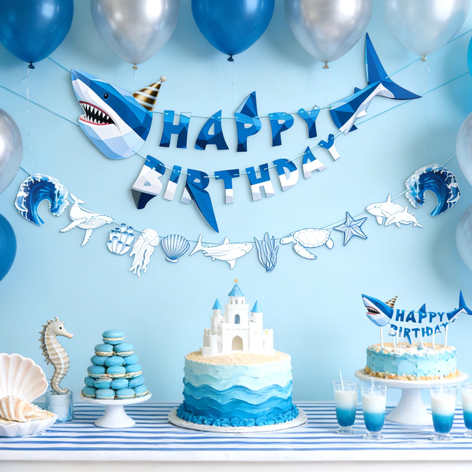 SUNBEAUTY Shark Birthday Party Decorations Shark Happy Birthday Banner Ocean Theme Hanging Sea Animal Garland Under the Sea Hanging Party Decorations for Baby Shower Beach Summer Pool Party