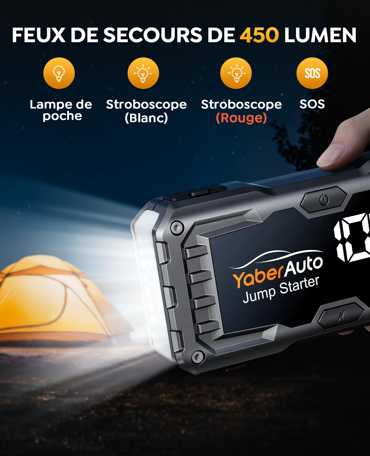 Booster Batterie Voiture 5500A 21800mAh, Portable Jump Starter (Jusqu’à 10,0L Gaz/9,0L Diesel), YaberAuto Démarreur de Voiture avec Câble Rallongé, Grand Écran et Lumière LED