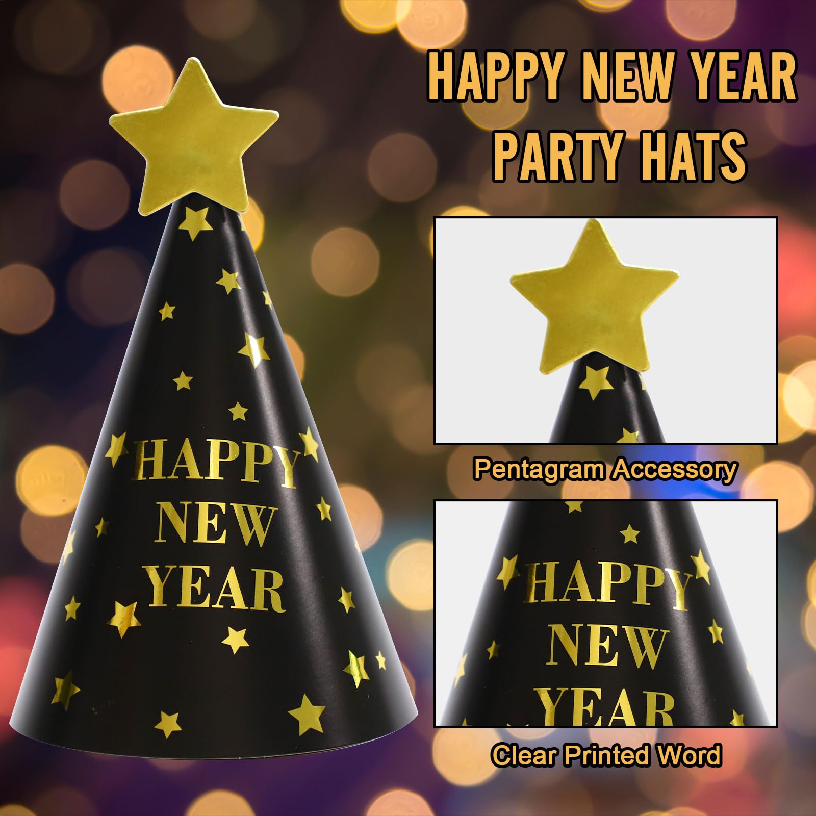BBXWANG 12PCS Black and Gold Happy New Year Party Hats, Eve Party Supplies and Decorations (Tassel + Star Style) - Image 3