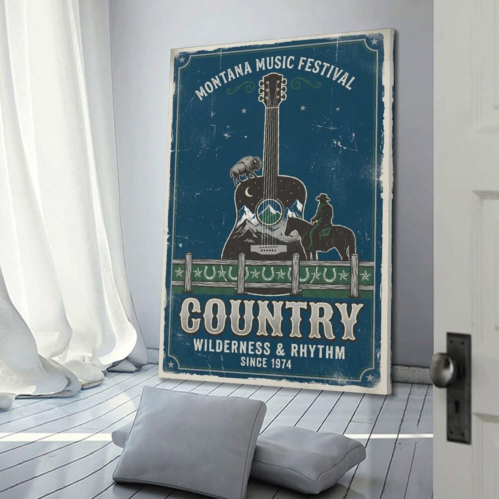 OKNGB Poster decorativo da parete su tela, motivo: chitarra del Montana, Wild West e musica country, poster decorativo moderno per camera da letto, 50 x 75 cm