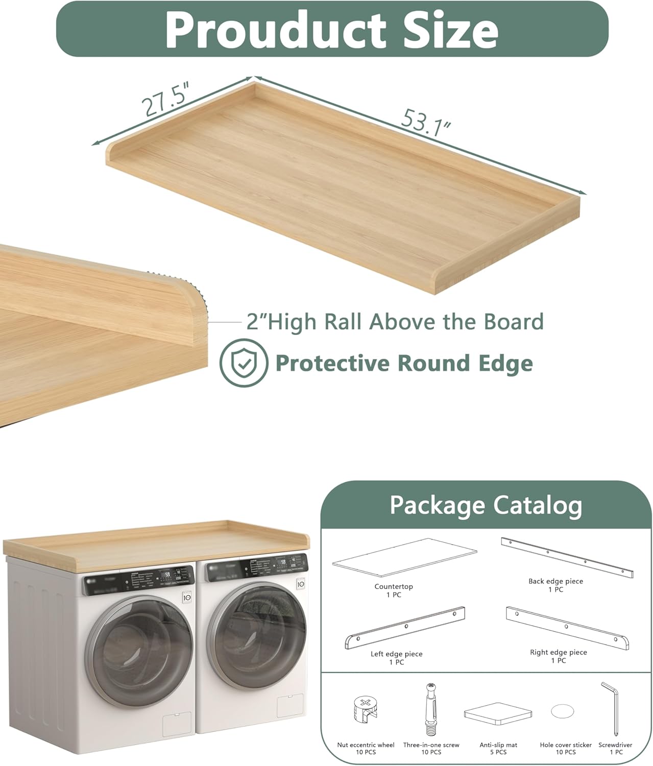 Piskyet Washer Dryer Countertop,Laundry Countertop with Edge Rails,27.5" Depth x 54" Wood Countertop for Washer Dryer,Laundry Machine Topper for Laundry Room Organization (Original Wooden Color)