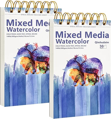 Miniatura 11 de Cuaderno de bocetos de medios mixtos Qlmhudaim 4" x 4" | 30 hojas 140 lb/300 g, encuadernado en espiral con línea de desgarro | De grado para