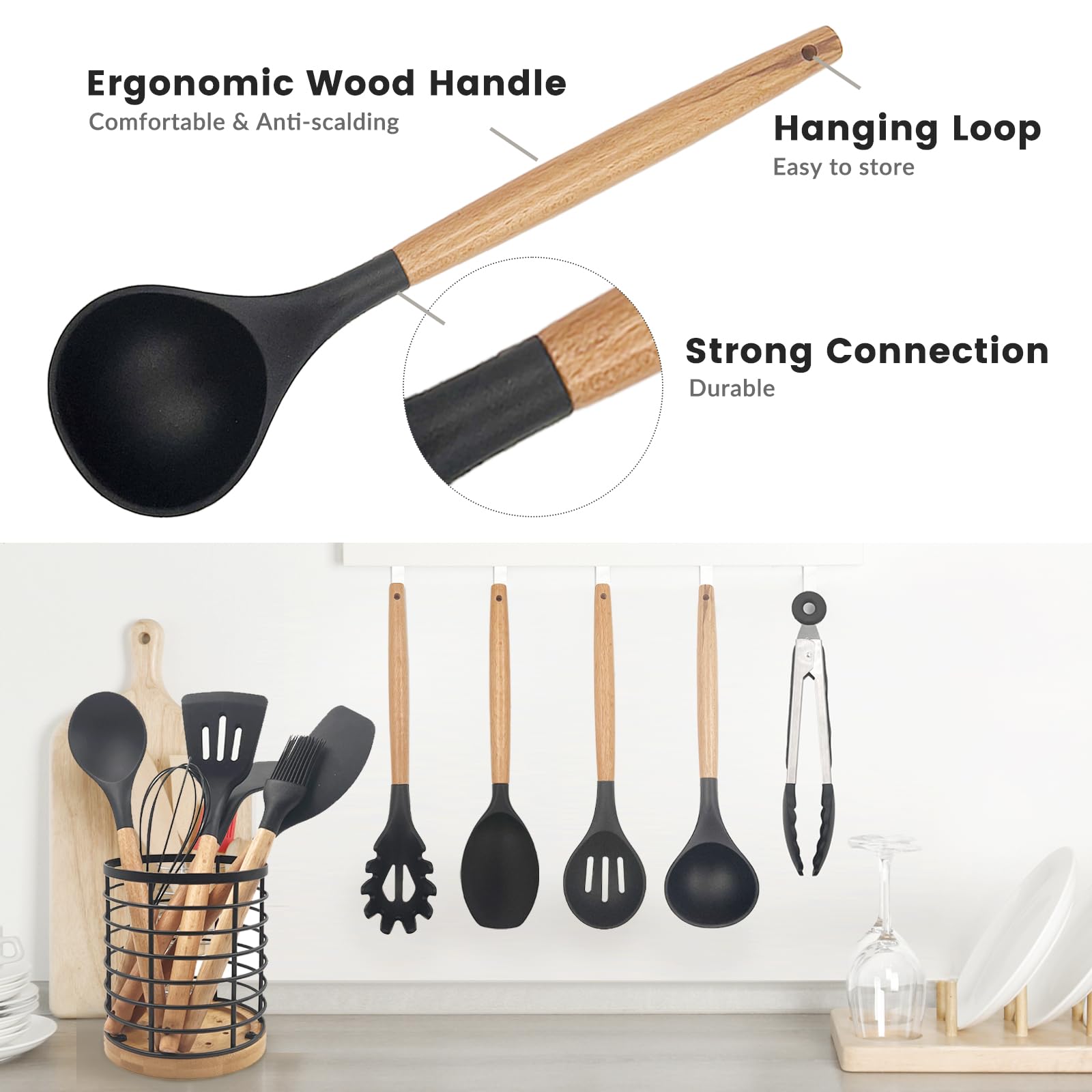 Daily Treasures Juego de 12 utensilios de cocina, juego de utensilios de cocina con soporte de almacenamiento, herramientas de cocina hechas de silicona de grado alimenticio resistente al calor y asas