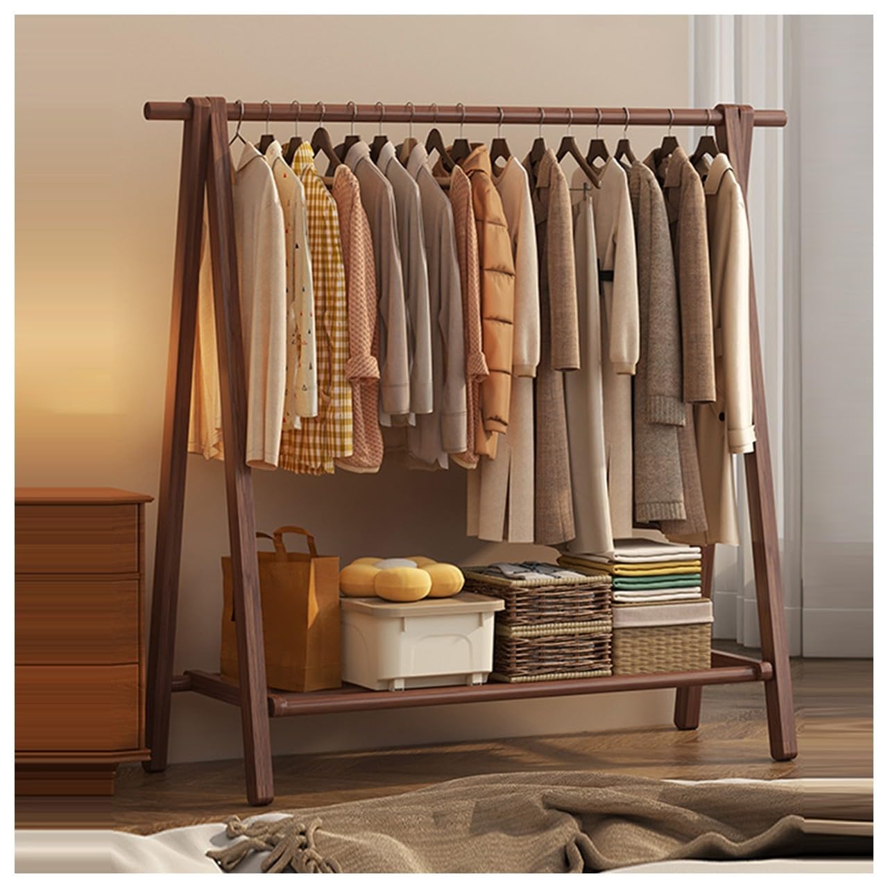 BEARQUN wooden clothes rail rack Coat stand Rack, Large Foldable Hanging Clothes, Stand Garment Rack with Storage Shelf/shelf, Maximum Load 100kg, clothe storage wardrobe:60/80/100/120CM