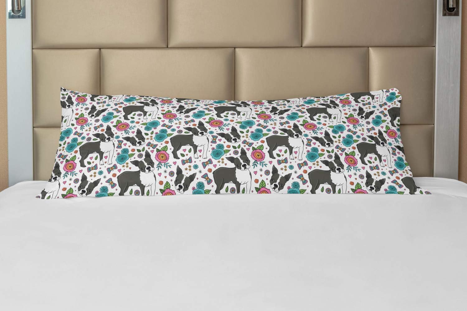 Ambesonne Dogs Body Pillow Case Cover with Zipper, Boston Terriers and Colorful Flowers Blossoming Springtime Theme with Butterflies, Decorative Accent Long Pillowcase, 21" x 54", White Blue