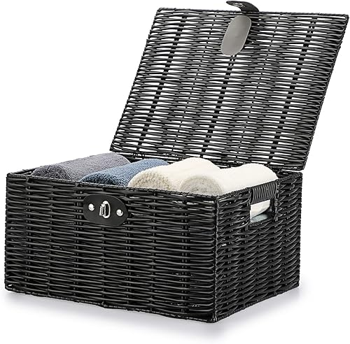 Hipiwe Cajas de almacenamiento decorativas con tapas y cerradura, cesta tejida negra, asas de transporte integradas, cesta de plástico con tapa,