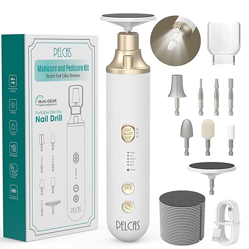 PELCAS Taladro de uñas inalámbrico 8 en 1, lima de uñas eléctrico de 5 velocidades, kit de manicura y pedicura con luz LED, removedor eléctrico de