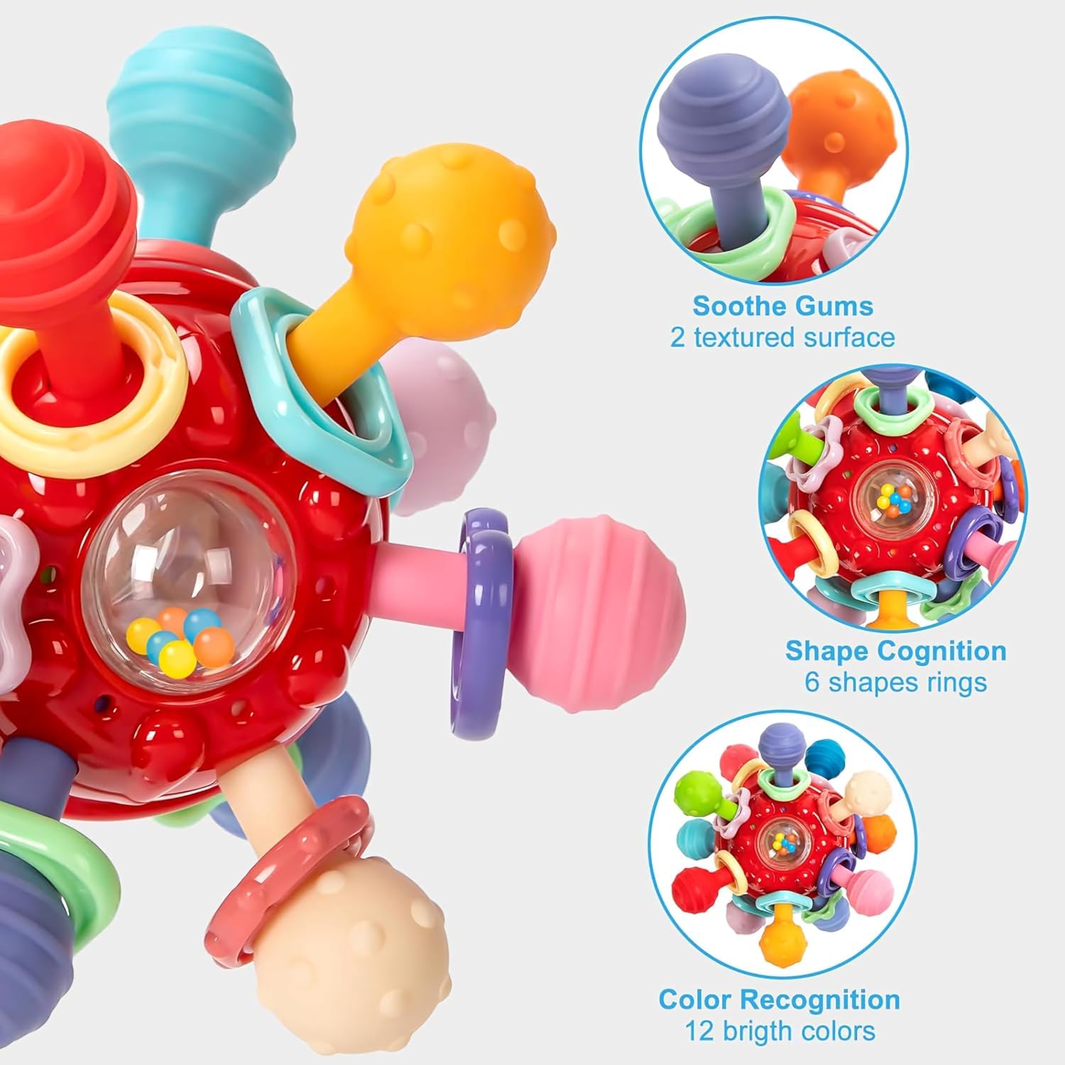 PB Prime Brands Silicone Baby Teether Ball Toy, BPA-Free Sensory Teething Toy for 3+ Months, Soft Chewable Textured Teether with Rattle, Colorful Grasping & Development Toy for Infants and Toddlers (Red) 2