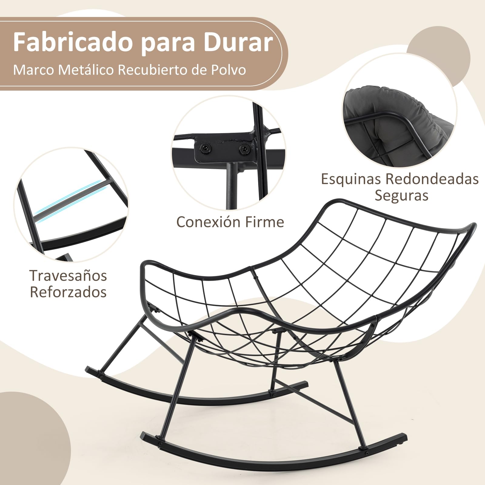 COSTWAY Silla Mecedora con Cojín Acolchado, 110x95x94 cm, Mecedora Salon Extra Grande, Carga 205 kg, Sillon Balancin con Marco de Metal, Pies Antideslizantes, Antivulco, Interior y Exterior, (Gris)