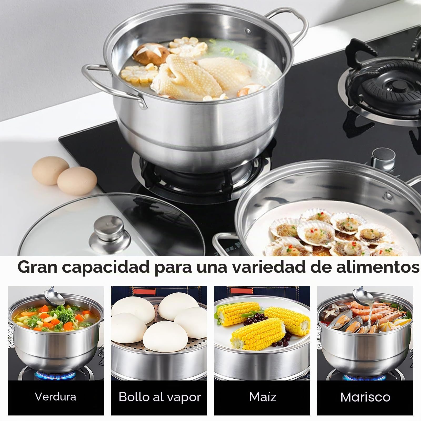 Vaporera de Acero Inoxidable 28cm, Olla de Cocción al Vapor con Tapa de Vidrio para Verduras Pescado Camarones Huevos (Tres capas)