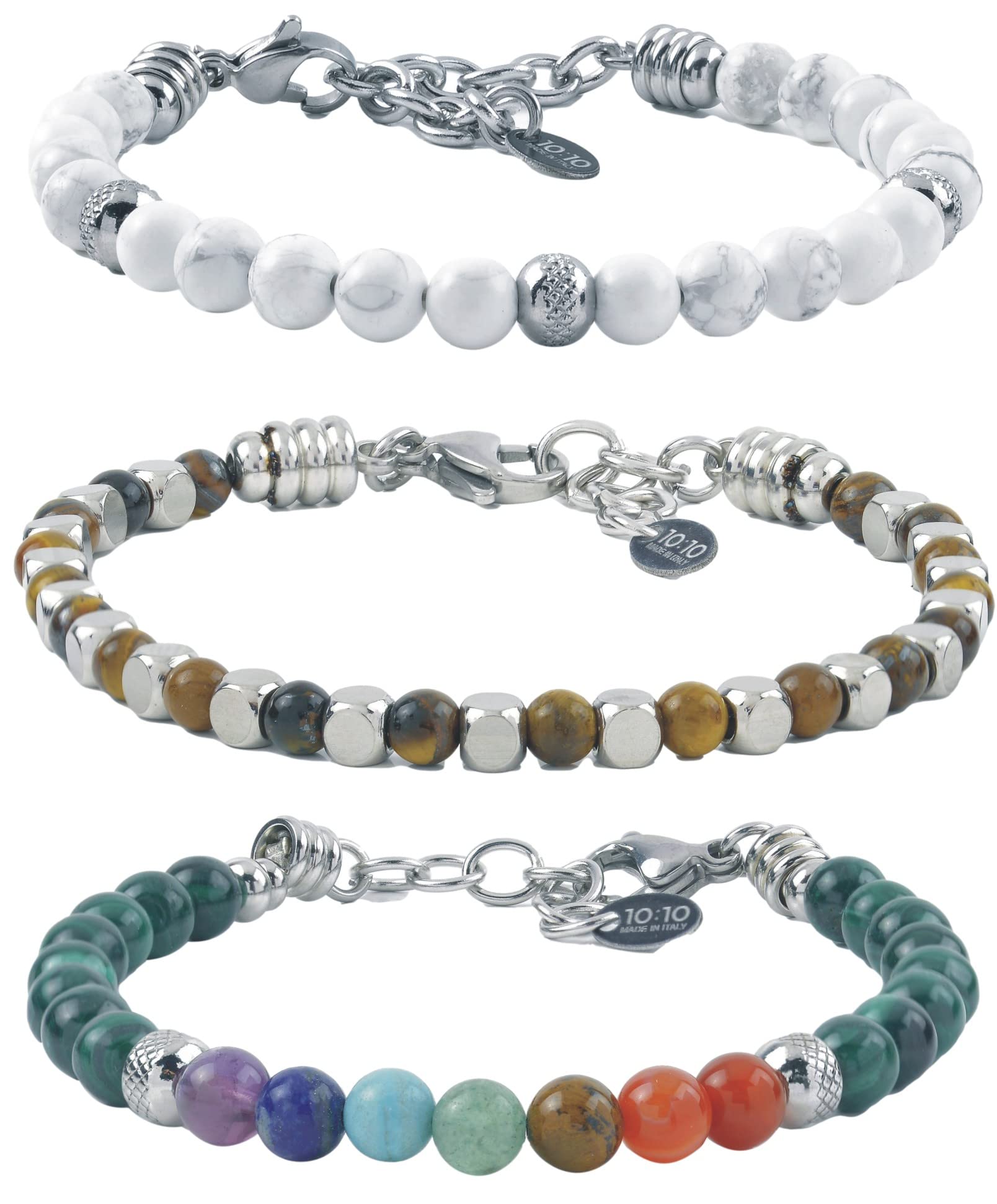 10:10 Set di 3 Bracciali in acciaio inox e pietre dure naturali, Braccialetti uomo donna perle colorate regolabili bracciali molto resistenti Made In Italy…