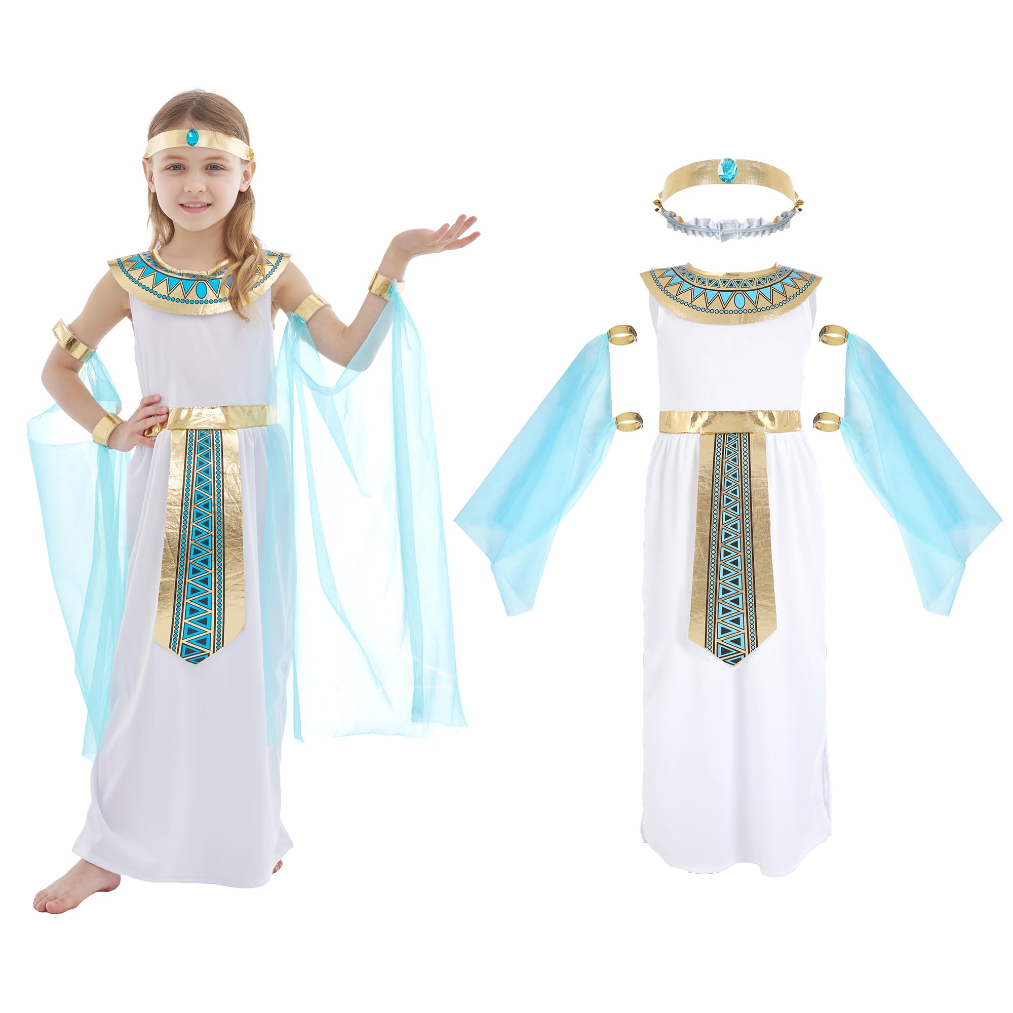 Wizland Ancient Egyptian Costume Girls with Headband,Cleopatre Girls Outfit,Kids Pharaoh Fancy Dress for Halloween Carnival Theme Party 8-10 yrs