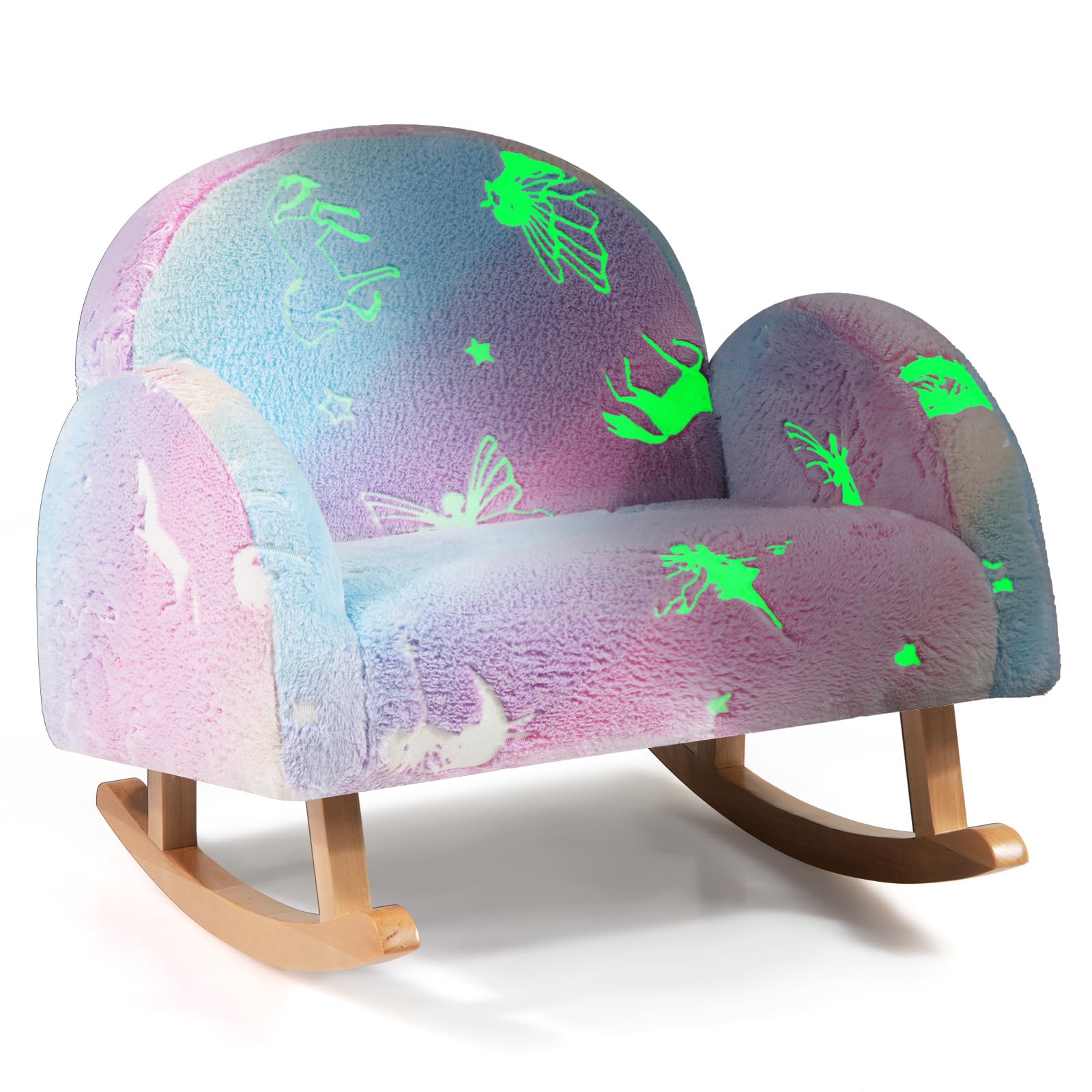 COSTWAY Sedia Dondolo per Bambini da 3 a 5 Anni, Poltrona in Flanella con Gambe in legno, Motivi che si Illuminano al Buio, per Cameretta e Soggiorno, 50 x 48 x 46 cm