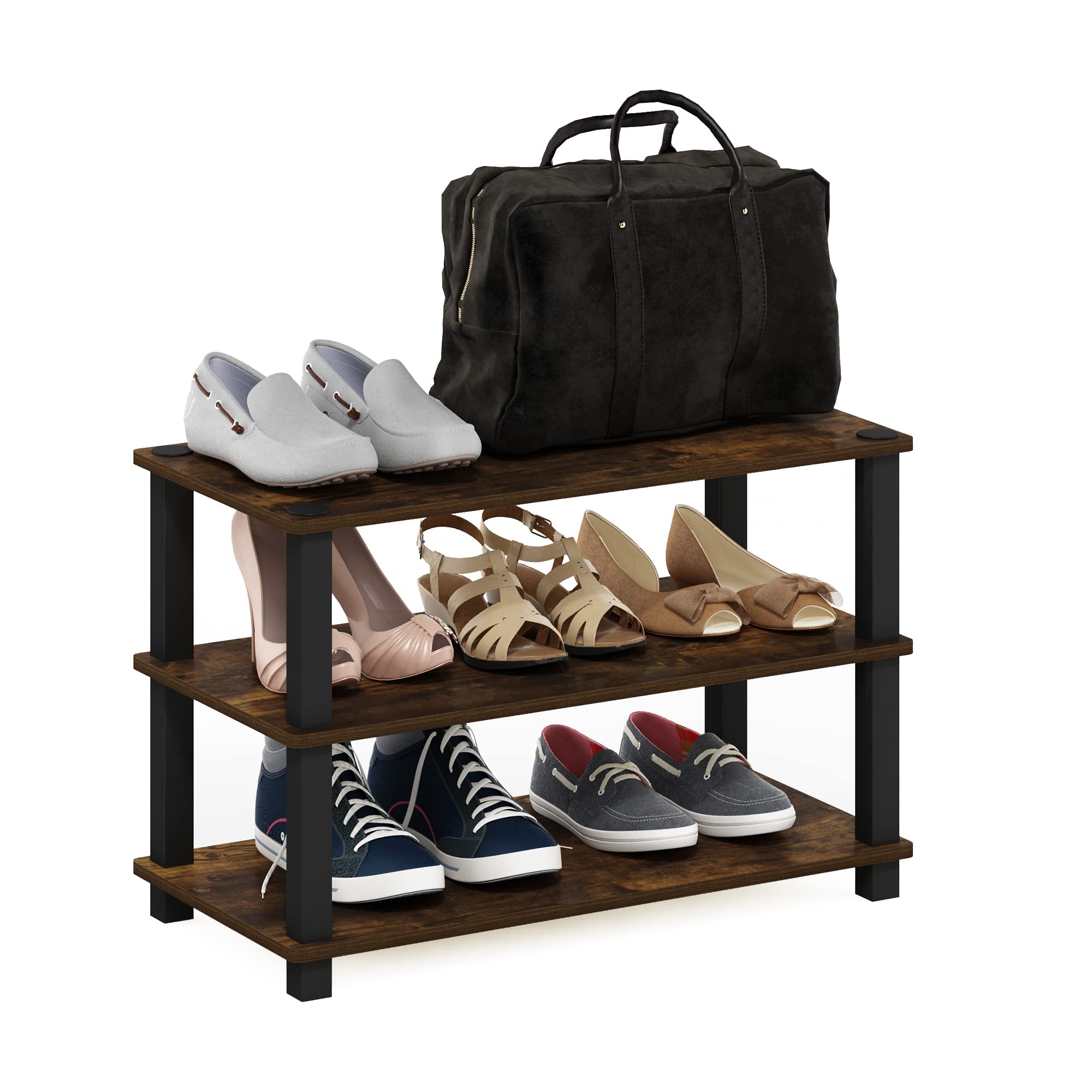 Furinno Scarpiera TURN-N-TUBE A 3 Ripiani - Organizer Portascarpe Curvo E Autoportante, Per Armadio, Ingresso, Colore Pino Ambra/Nero, 59,99 Cm