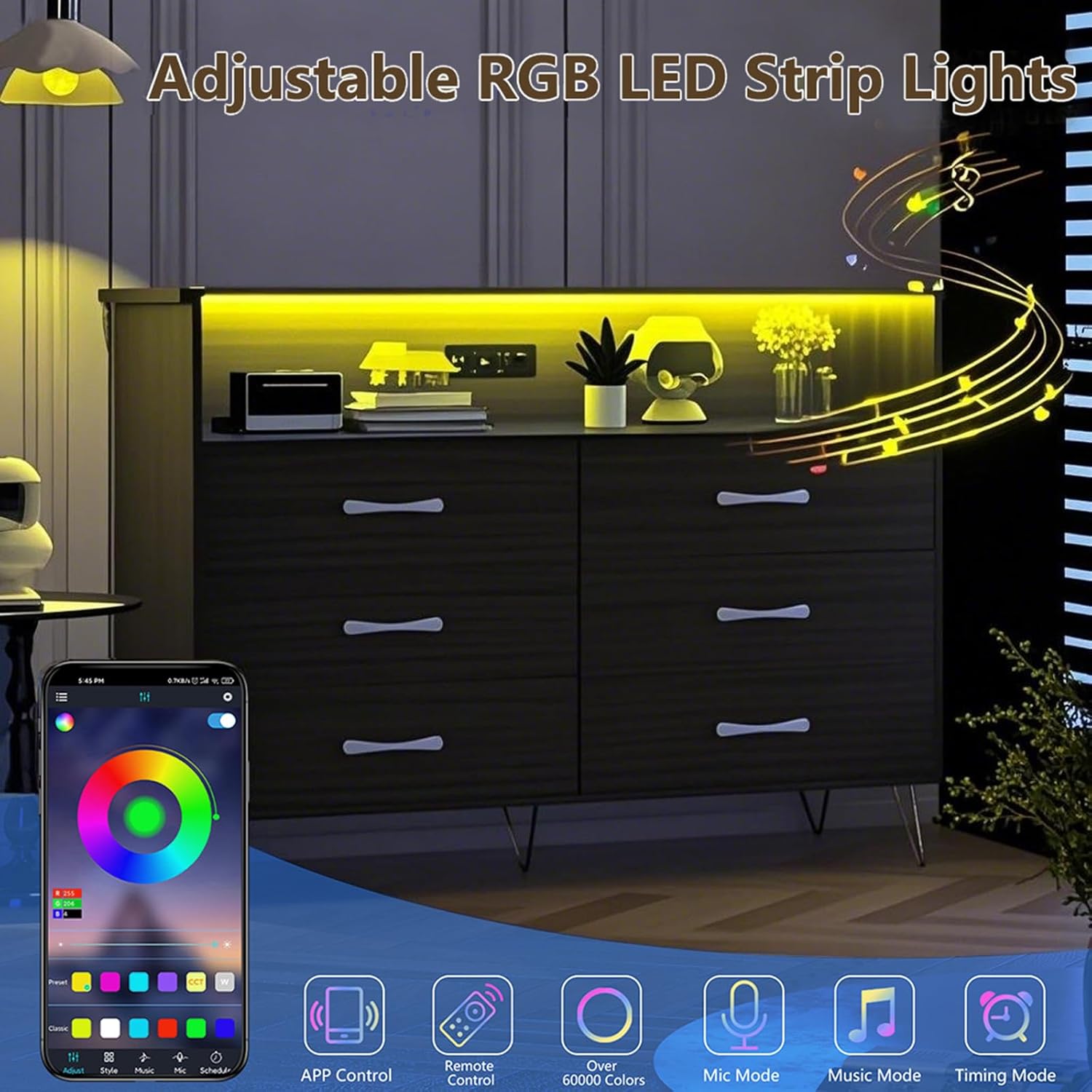 Dresser for Bedroom with 6 Drawers, Wide Wood Chest of Drawers with Charging Station & RGB LED Lights - Storage and Organization Dresser for Living Room, Closet, Hallway, MDF Cabinet, Black