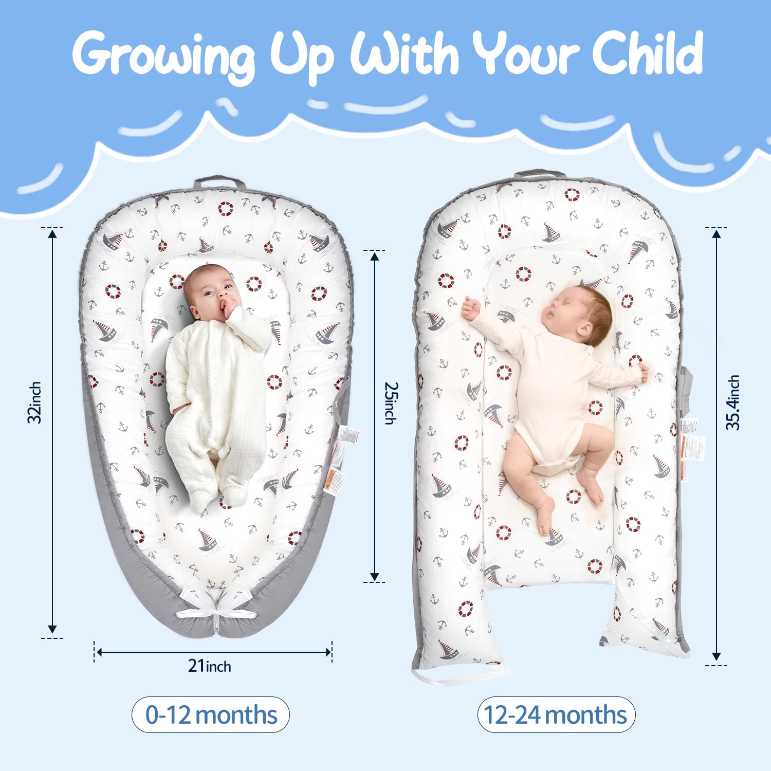 NICEMHAPU Baby Lounger for 0-24 Months - 100% Cotton Soft Adjustable Floor Seat, Co Sleeper for Girls Boys in Bed, Portable Baby Nest for Travel, Family Essentials (Ship)