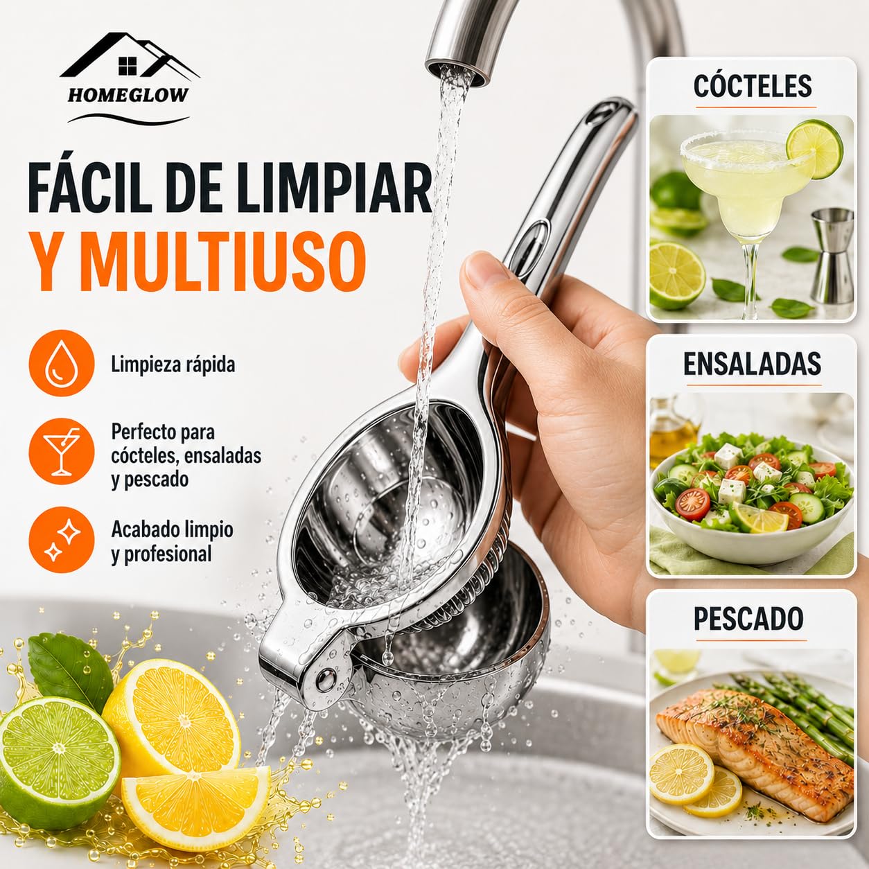 Exprimidor de Limón Manual de Acero Inoxidable Grande HOMEGLOW · Prensa Cítricos para Limones y Limas · Resistente Ergonómico para Cocina Doméstica y Profesional