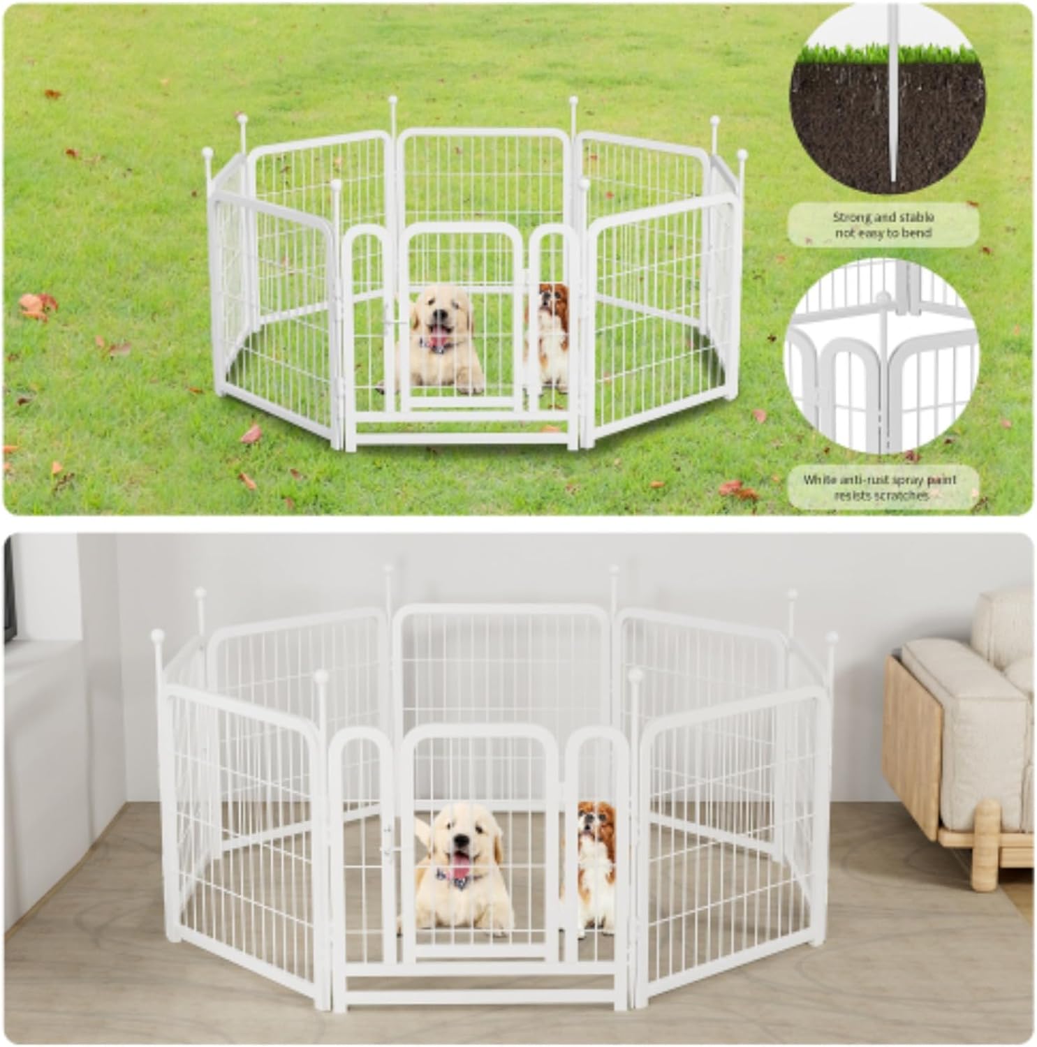 Dog Playpen 8 Panels 24" Height Heavy Duty Dog Fence Puppy Pen for Large Medium Small Dogs Indoor Outdoor Foldable Pet Exercise Pen, White