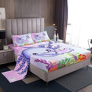 Homewish Cute Axolotl Sheet Set Kids Boys Girls Cartoon Sea Animals Fitted Sheets Set Full Size Purple Axolotl Bedding Sheet Sets Includes 1 Flat Sheet,1 Fitted Sheet,2 Pillowcases