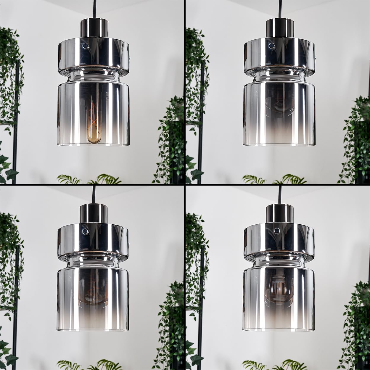 HOFSTEIN Hängeleuchte Hasvik, 4-flammige Hängelampe aus Metall/Glas in Schwarz/Chrom/Rauch, Retro/Vintage-Design (Ø 15 cm), E27, Pendelleuchte höhenverstellbar bis 150 cm, Esszimmer, Wohnzimmer, Küche