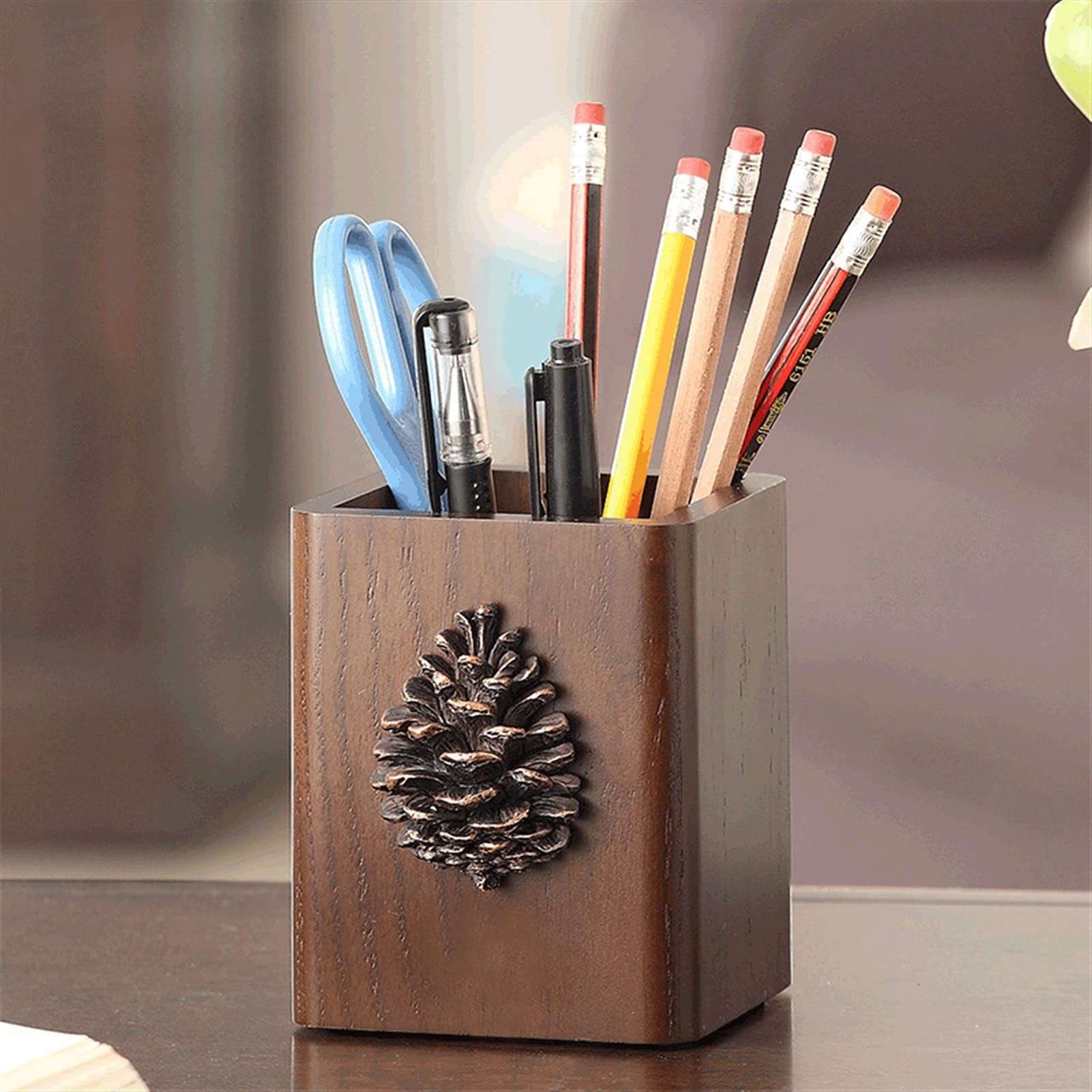 Pot à Crayons rétro américain en Bois Massif, boîte de Rangement pour pinceaux de Maquillage en Bois avec décoration en résine de Pomme de pin