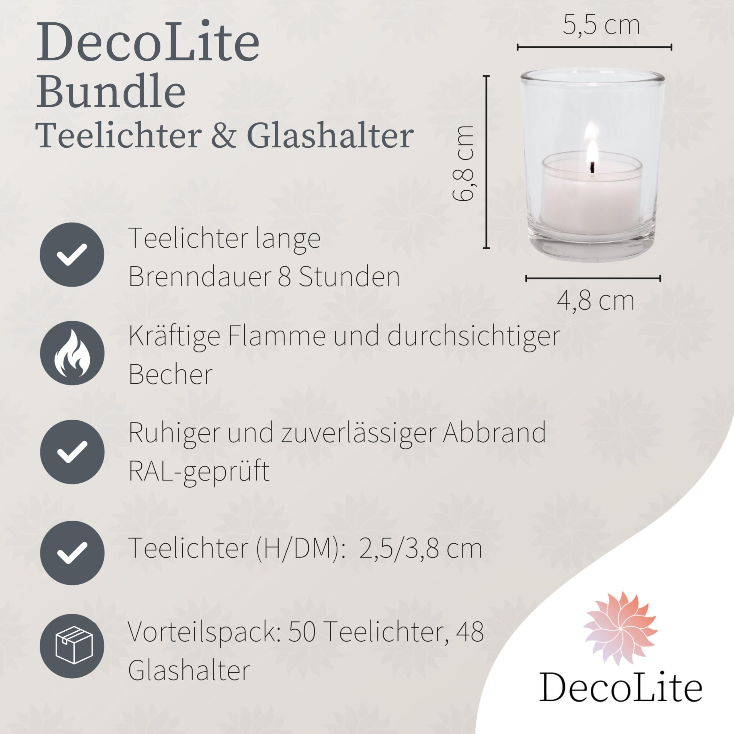 Teelichtgläser Set inkl. 50er Pack 8h Teelichter. Robuste Windlichter – Spülmaschinenfeste Tischdeko für Hochzeit, Gastronomie & Events Ø 5,5cm Gläser (48 Glashalter + 50 Teelichter)