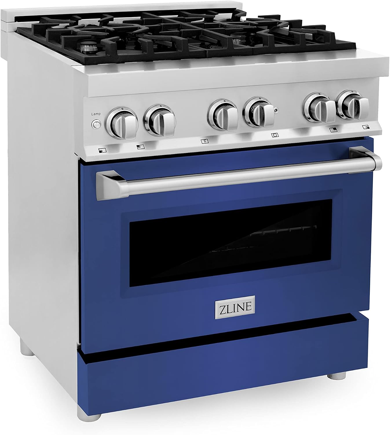ZLINE 30 in. 4.0 cu. ft. Legacy Dual Fuel Range with 4 Burner Gas Cooktop and Electric Convection Oven in Stainless Steel and Blue Matte Door (RA-BM-30)