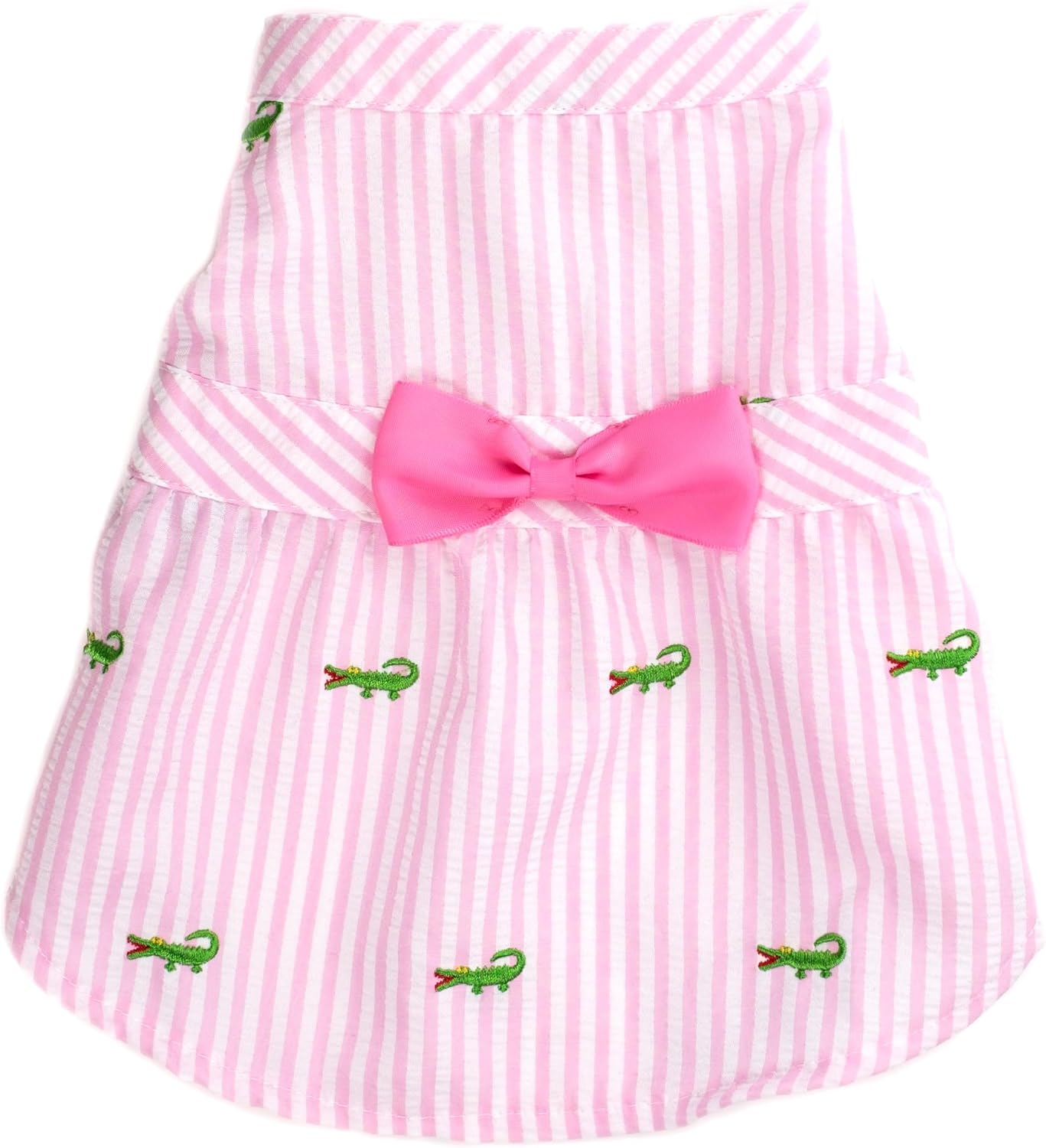 THE WORTHY DOG Designer Pink Stripe Alligator Dog Dress – Stylish Polyester Pet Dress with Bow Detail, Adjustable Touch Fasteners & Machine Washable - Pink/White, X-Small