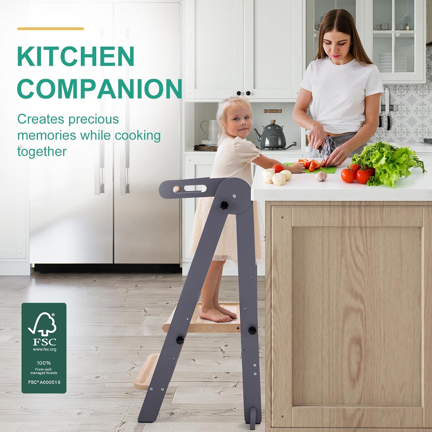 Foldable Toddler Tower, Kitchen Stool Helper, Standing Tower with 3 Adjustable Heights and Non-Slip-Strips, Kitchen Tower for Kids 1.5-6 Years, Montessori Stool for Counter Sink (White)