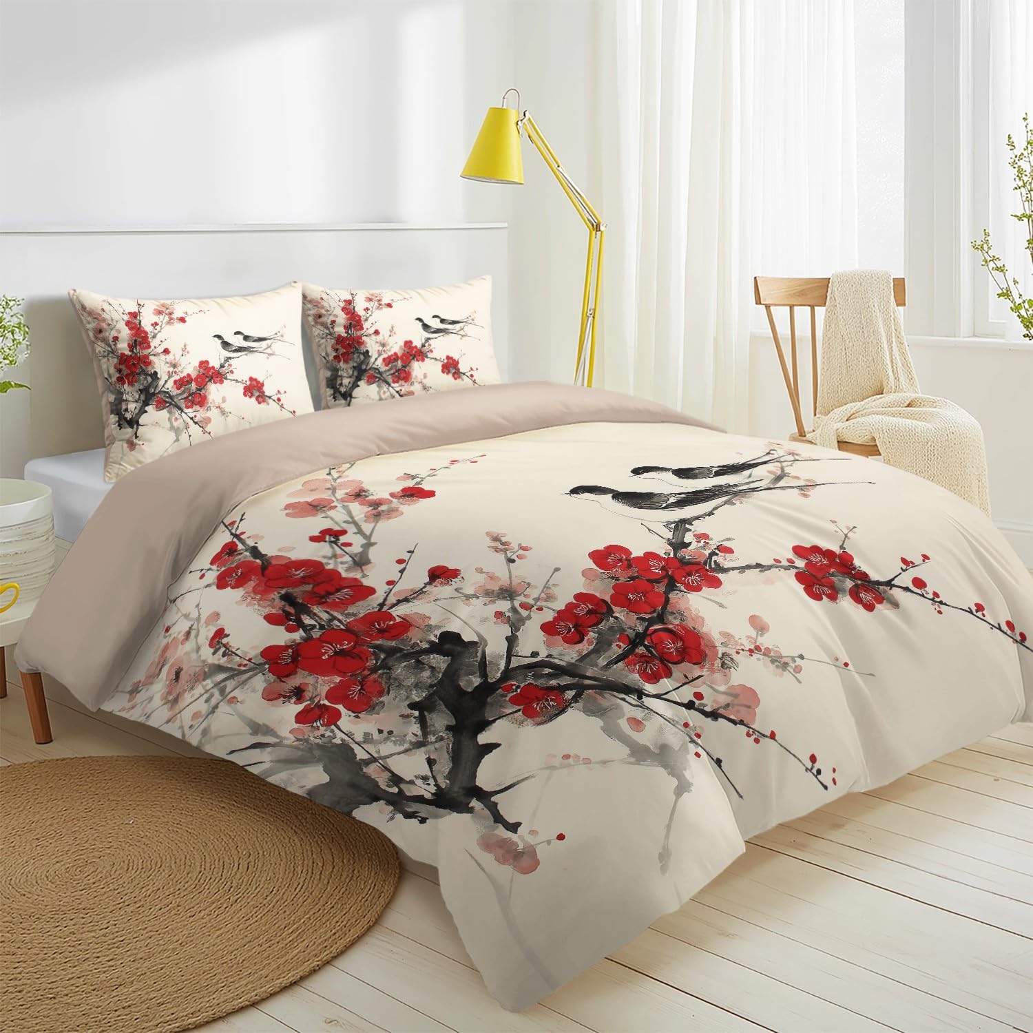 Poszwa na kołdrę 200 x 200 cm, eleganckie jaskółki kwiat śliwki dla amatorów sztuki, beżowy, chiński, miękki zestaw pościeli z mikrofibry z zamkiem błyskawicznym, łatwy w pielęgnacji