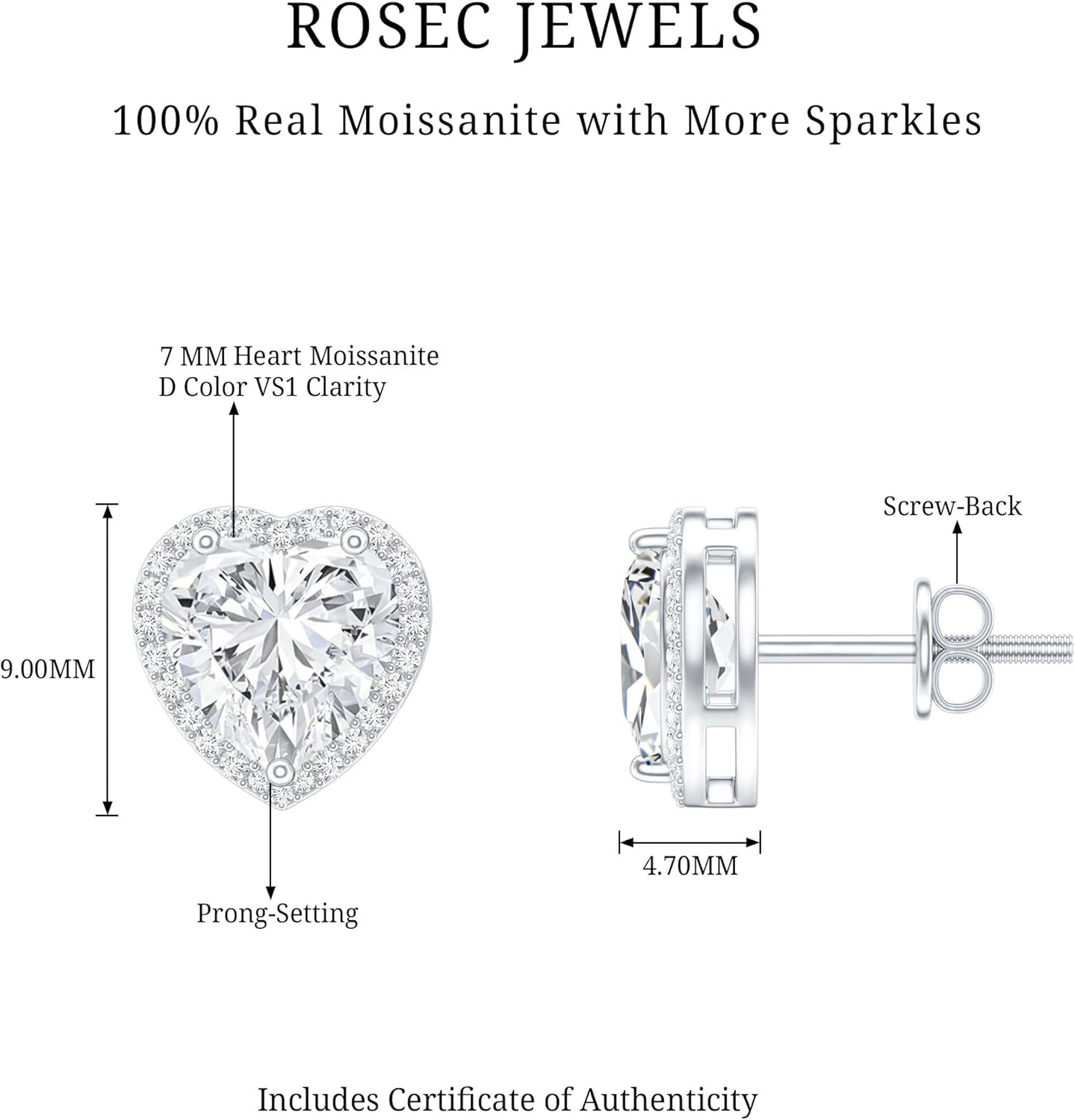 Certified Moissanite Stud Earrings in Silver, D-Vs1 Quality, Brilliant Cut Moissanite Heart Earrings - Romantic Gift For her - Image 6