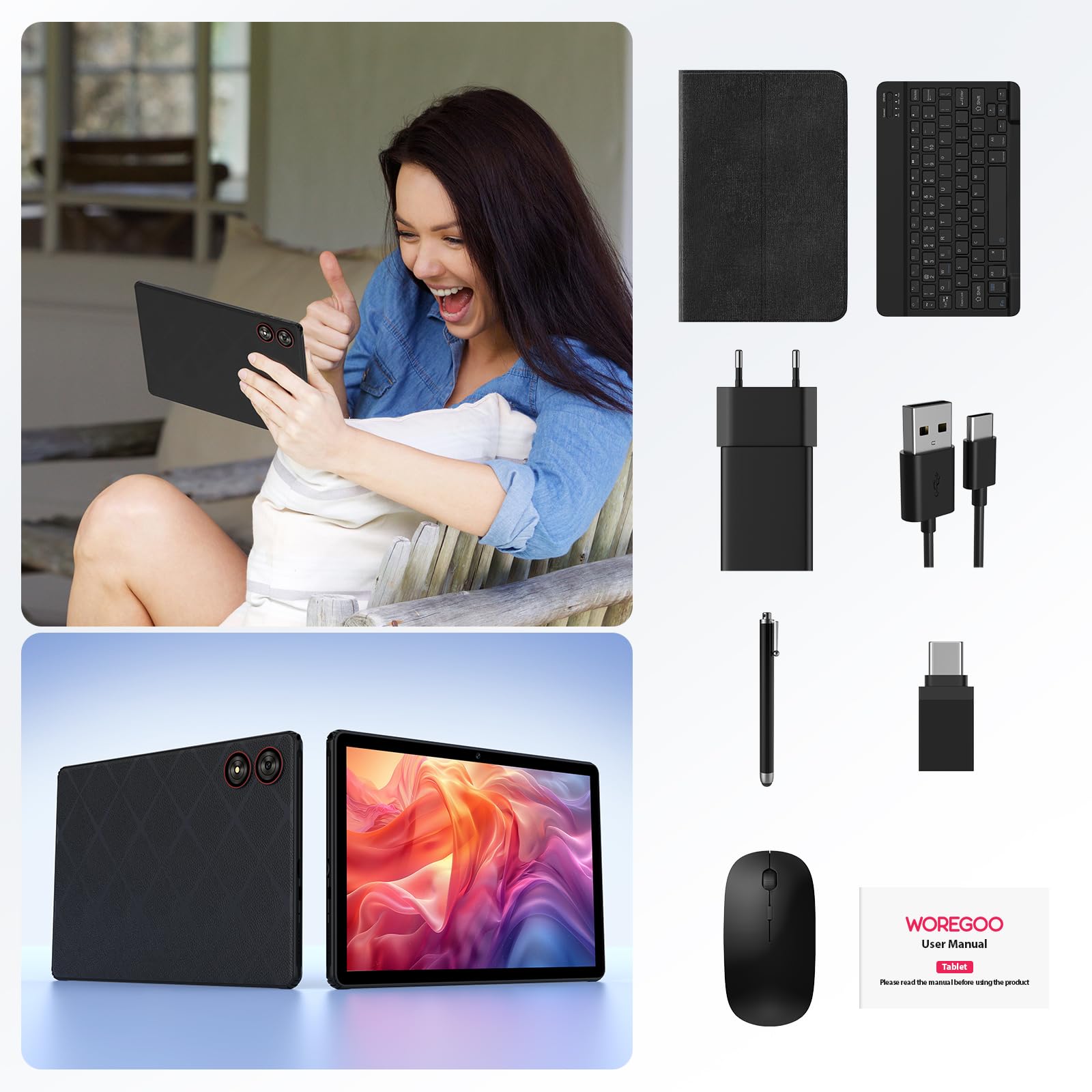 11 Pulgadas Android 15 Tablet, 5G WiFi, Octa-Core, 36GB RAM+256GB ROM (1TB TF), HD Display, Widevine L1/8+13MP/8000mAh/GMS/GPS, con Teclado+Ratón (Negro)