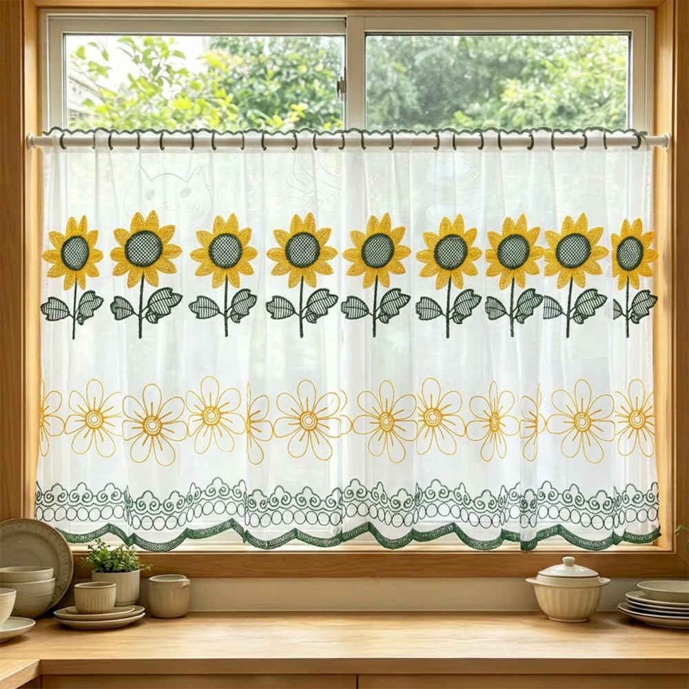 CARPJZ Floral Tier Curtain, Rod Pocket Sheer Voile Short Window Panel, Light Filtering Privacy, Soft Draped Fabric for Kitchen Doorway Cafe Bathroom Small Window