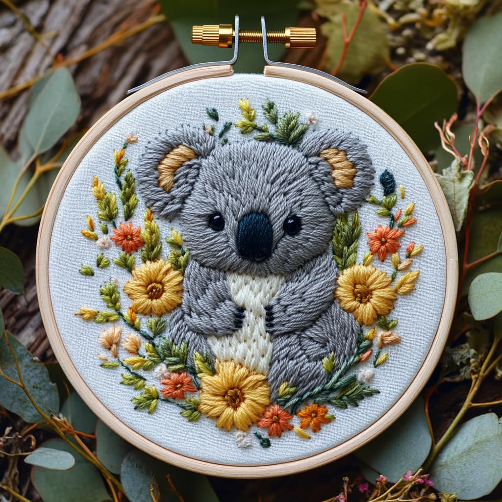DIY Punch Needle Kits for Beginners Cute Koala and Flowers with Hoop Embroidery Punch Needle Starter Set Easy for Adults and Kids Festival Gift and Decor 20x20cm