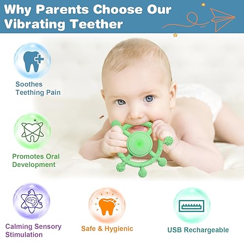 Miniatura 3 de YOFUN - Mordedor vibrante de 3 velocidades para bebés, juguete calmante de silicona para dentición para bebés de 3 meses, grado alimenticio,