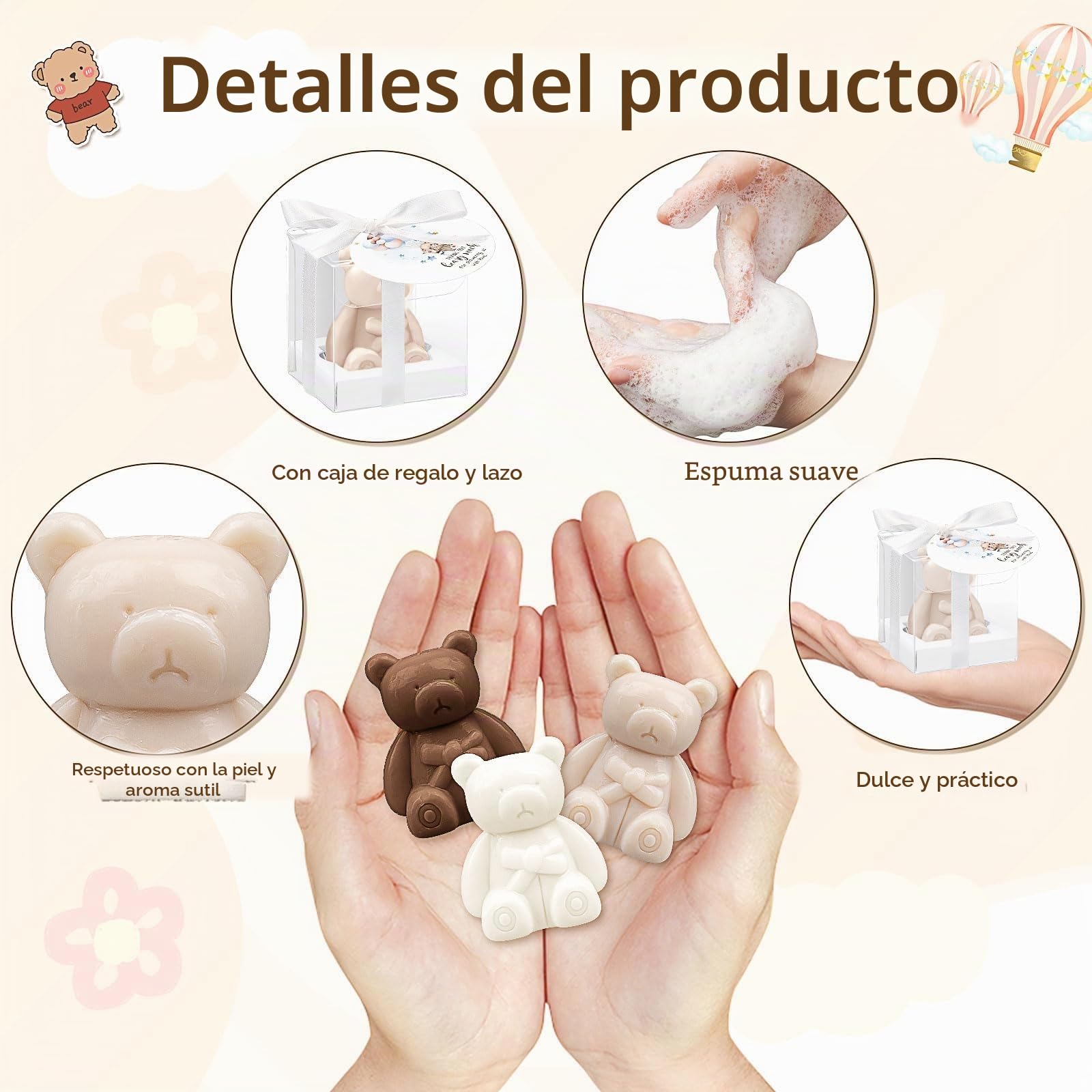 36 jabones de regalo para baby shower, hechos a mano, dulce, jabón decorativo con caja de regalo, tarjetas de agradecimiento para baby shower, niños, niñas, invitados, obsequios, color blanco y marrón