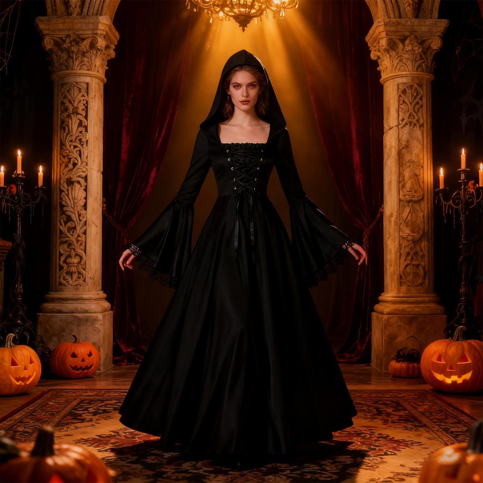 ?redniowieczny Kostium Czarownicy,Przebranie ?wi?to Horroru - D?uga Czarna | Sukienka Czarownicy Halloween | Do Pokoju Zagadek Cosplay Wydarzenie Nawiedzony Dom Teatr Dla