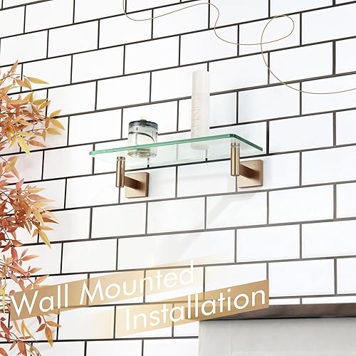 Miniatura 2 de KOKOSIRI Estantes de pared para baño, estante flotante de vidrio de 12 pulgadas para dormitorio, sala de estar, cocina, estante colgante bronce