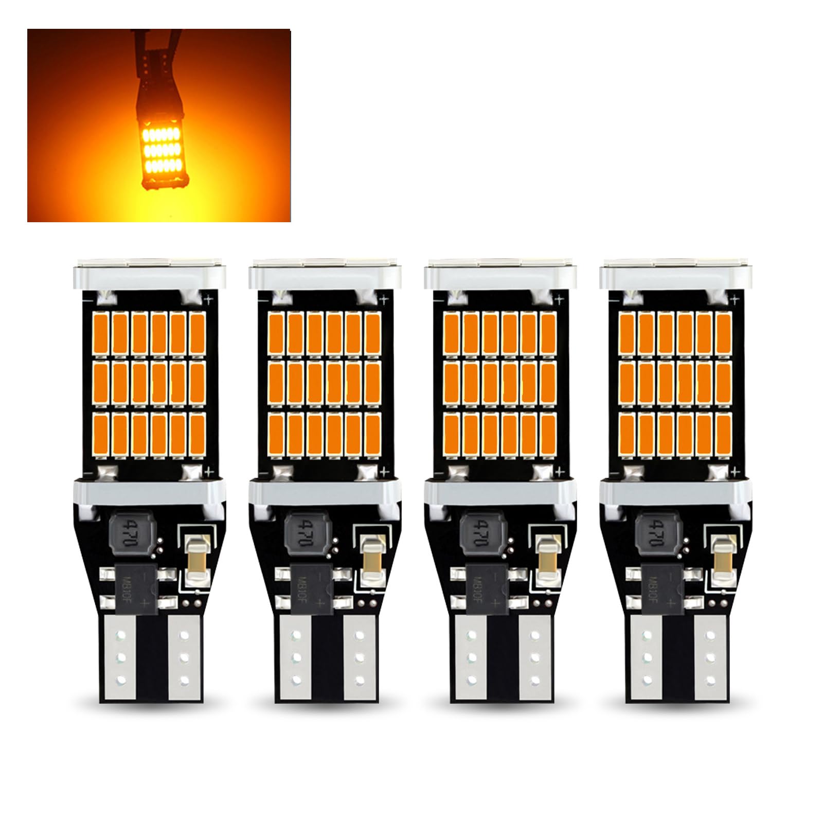 Ajxn 4 PCS T15 Waterproof LED Brake Light, 4014 45SMD 360° Decoded Infinite High Bright Quick Response Reversing Light, 12V DC Energy Saving Car Turning Light, Fits Most Car Models (Yellow)