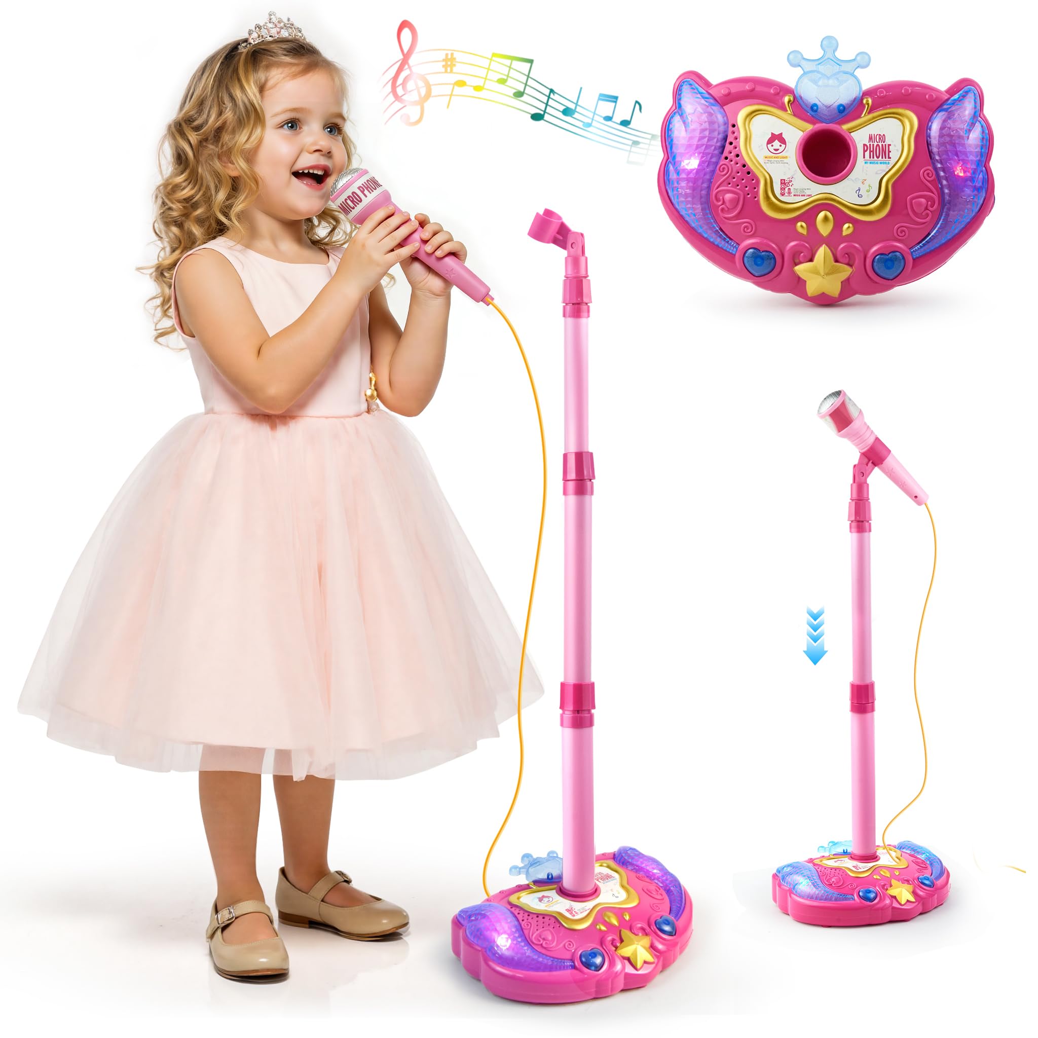 Kids Microphone with Stand, Children Karaoke Machine with Adjustable Stand, Sing Microphone Musical Toy Gift with Flashing Stage Lights Cheer