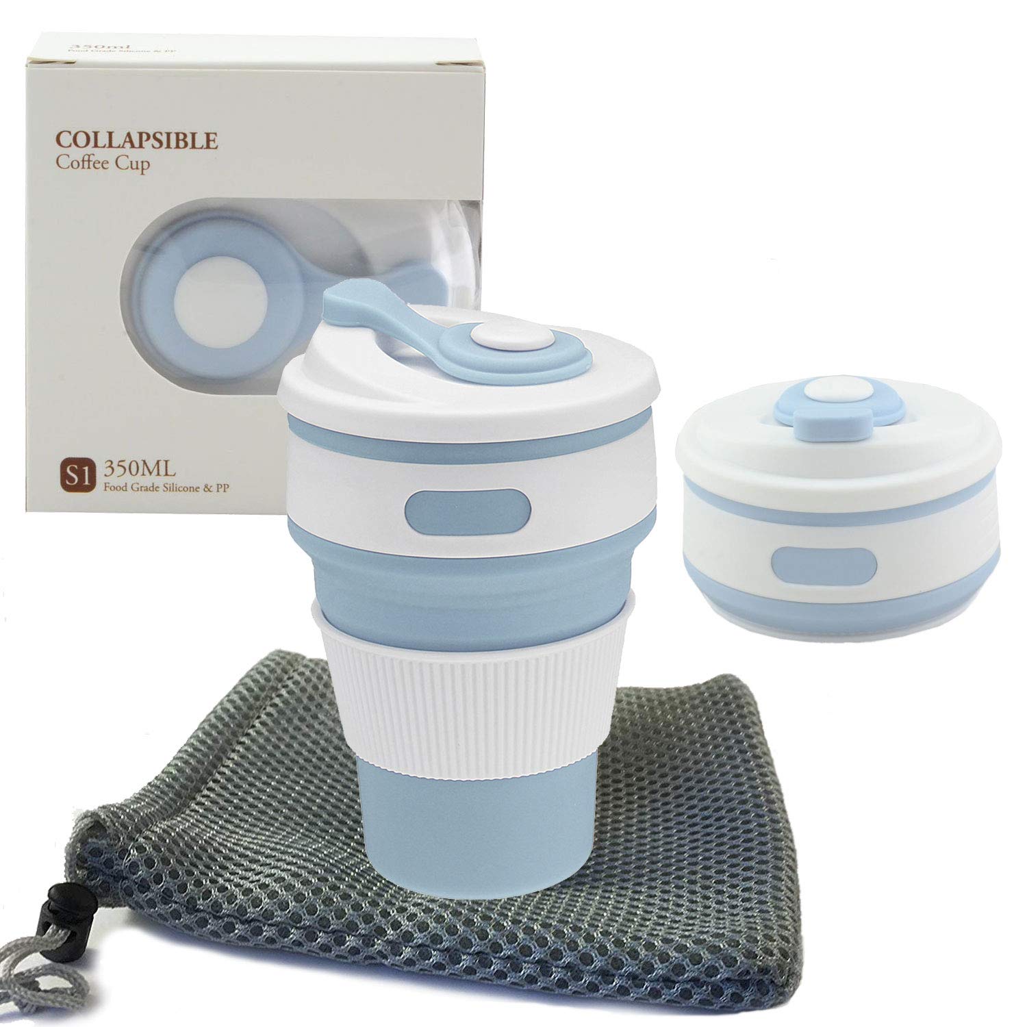 Collapsible Silicone Coffee Cup Lid | Portable Reusable Foldable Travel Mug Outdoor Camping Hiking Picnic Office Home On The Go | BPA Free Leak Proof 350ml + Bag (Blue)
