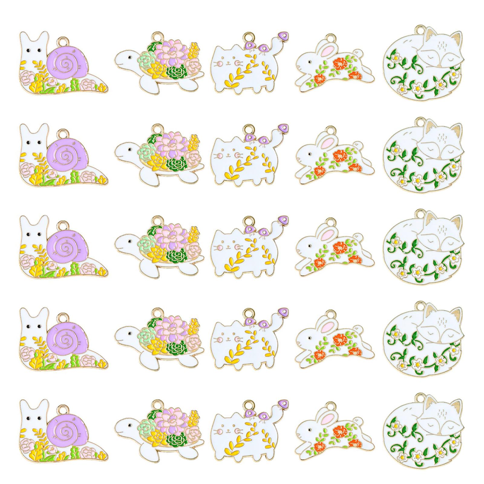 DanLingJewelry 25Pcs 5 Styles Enamel Animal Charms Cute Cat Rabbit Fox with Flower Charms Flower Charms for Jewellery Making Necklace Earrings